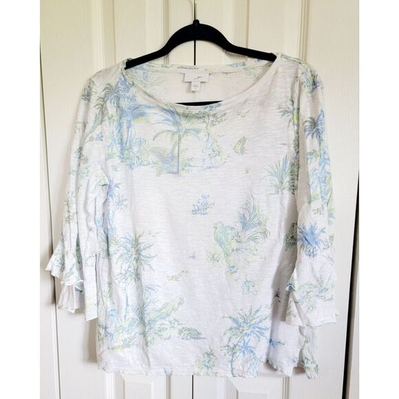 J. Jill M Sweater Knit Top Womens Linen Beachy Tropical‎ White Handkerch Slv - Picture 1 of 9